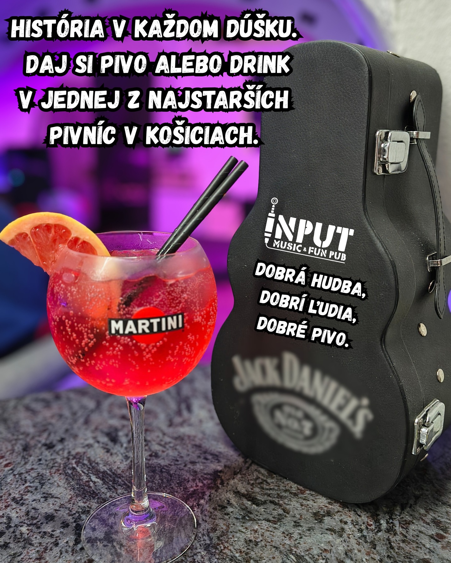 🔥 ,,História v každom dúšku.''

Daj si pivo alebo drink
v jednej z najstarších
pivníc v Košiciach 🎉

🍹
Príď si aj ty vychutnať svoj obľúbený drink do hudobnej pivnice INPUT, ktorej pôvod siaha až do 15. storočia 🤯