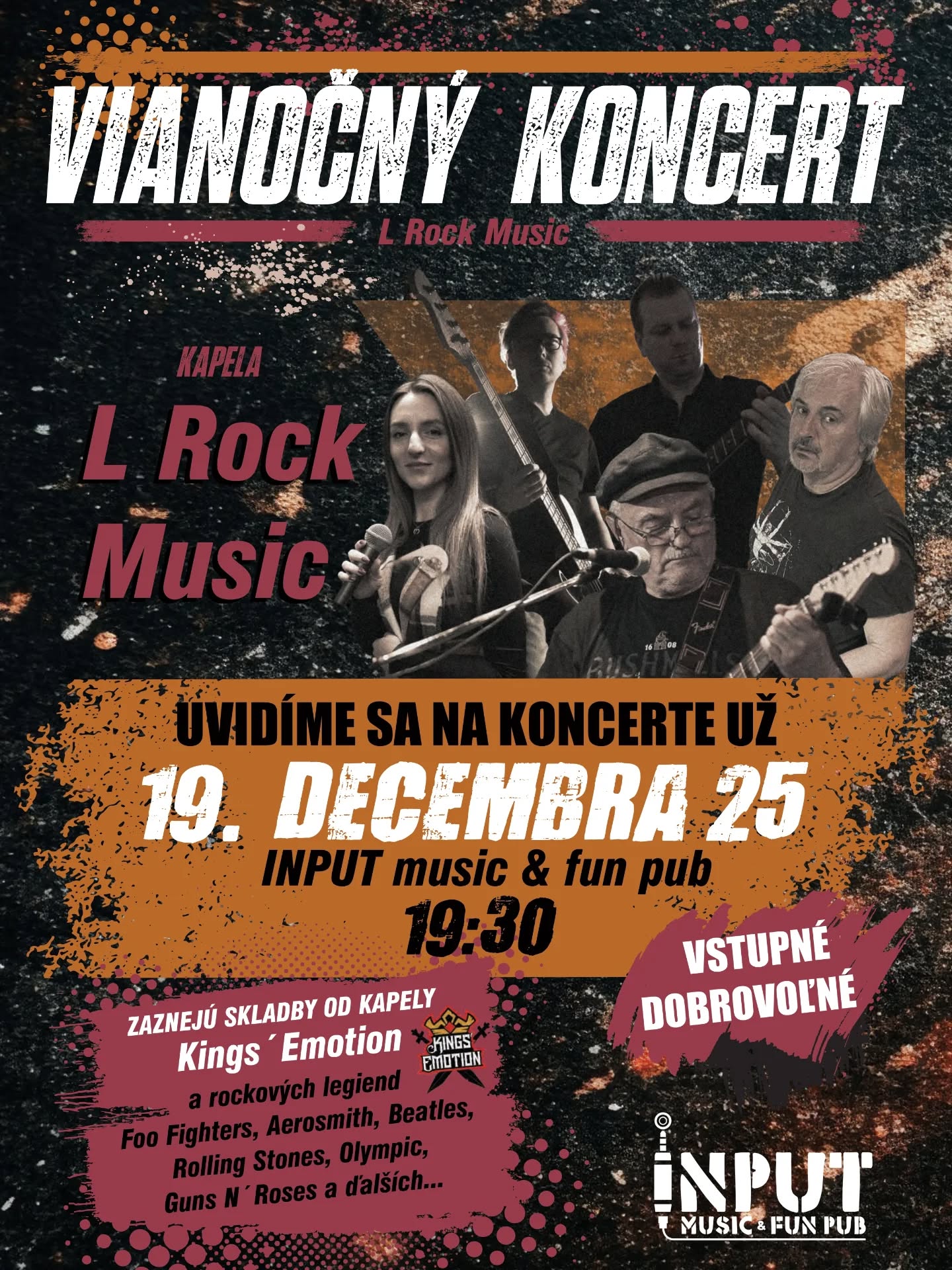 🎄 Vianočný koncert členov Kings' Emotion.
V piatok 19.12. od 19:30 vám zahrajú ich vlastné skladby, ale aj covery od rockových legiend 🤘 a zazneje aj pár vianočných skladieb ☃️
Príďte sa zabaviť a načerpať rockovú i predvianočnú atmosféru. Tešíme sa na vás 🤩
🗓️ 19.12. od 19:30
📍Alžbetina 11, červené dvere v podjazde
💵 Vstupné dobrovoľné
#livemusic #liveconcert